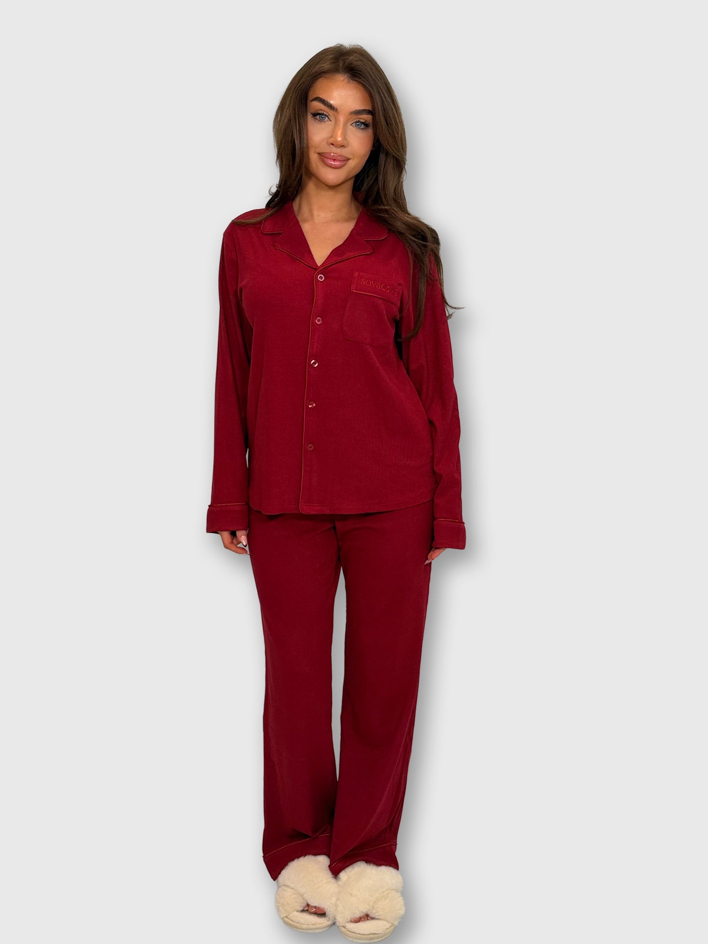 women’s burgundy Christmas pyjamas set